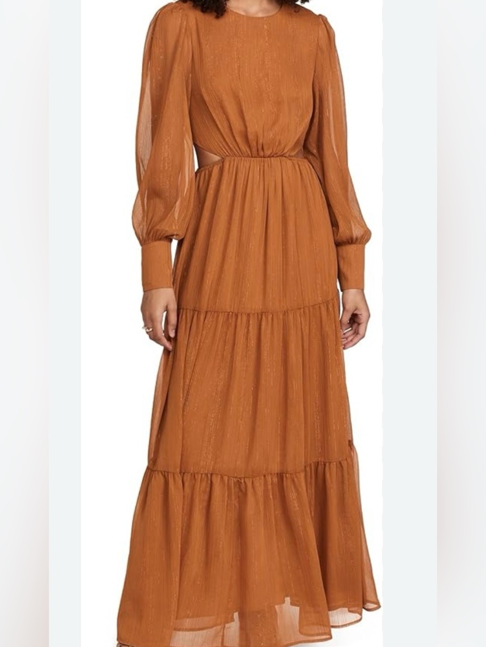 Wayf Rust Tiered Maxi Dress with Puff Sleeves